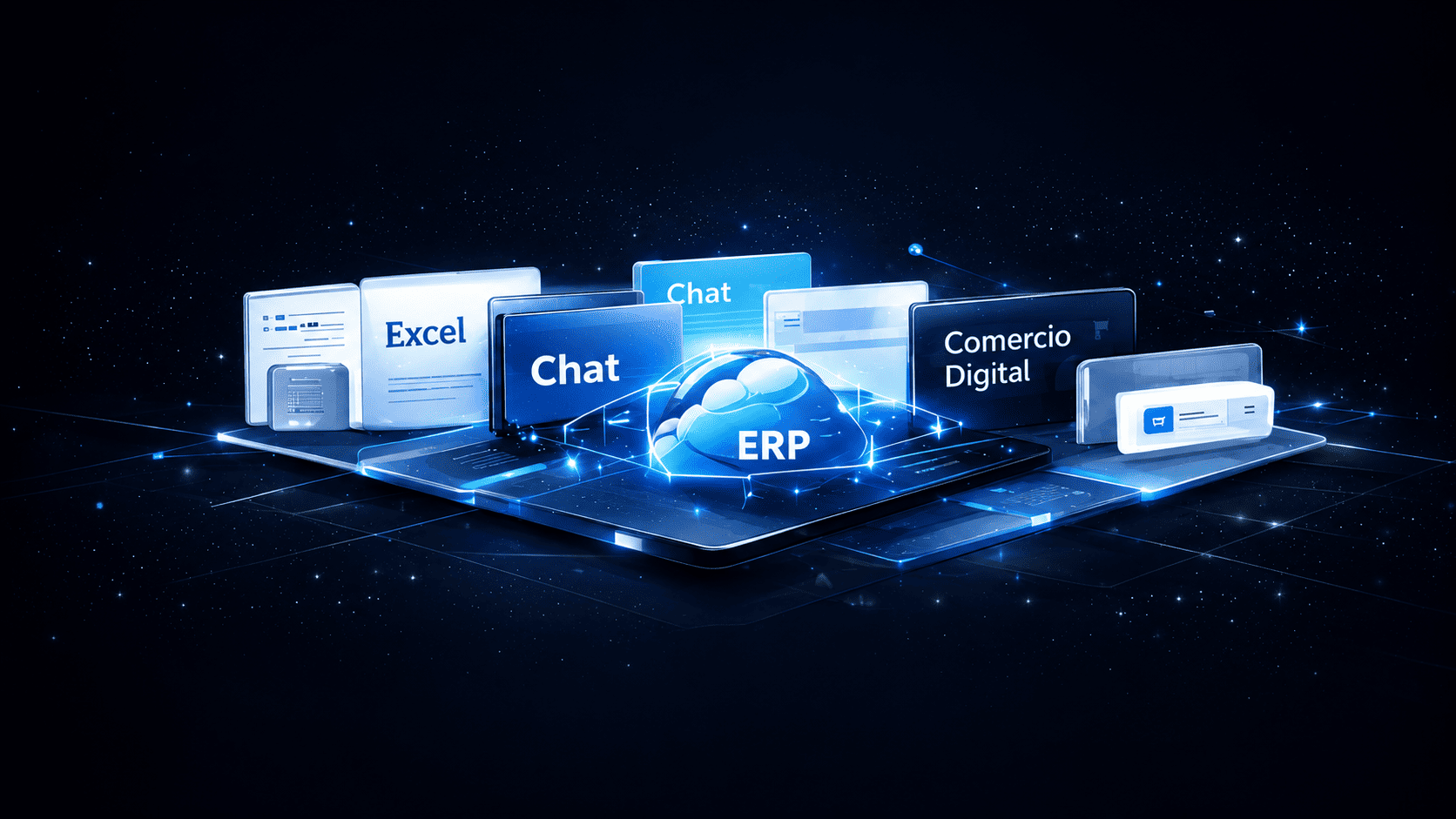 Sistemas desconectados: Excel, Chat, ERP, Comercio Digital